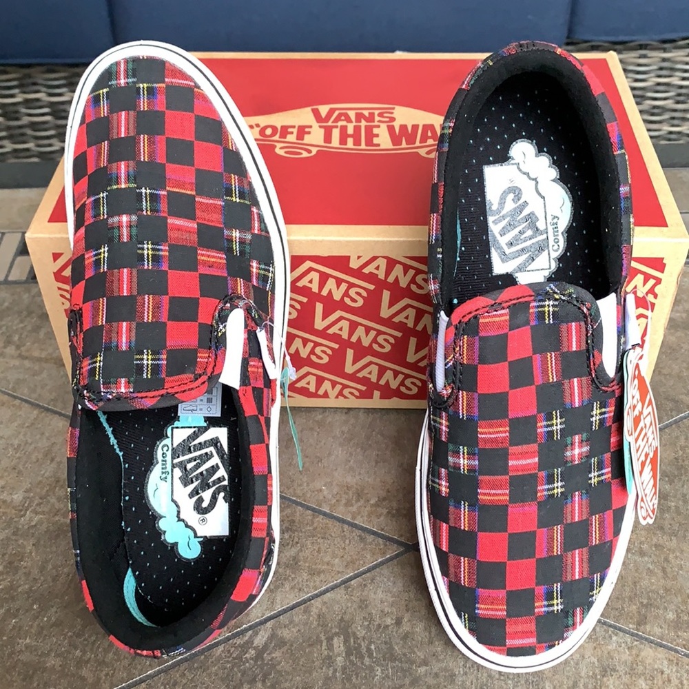 VANS COMFYCUSH SLIP ON PLAID CHECK RED/TRWHT WMNS - Picture 13 of 16
